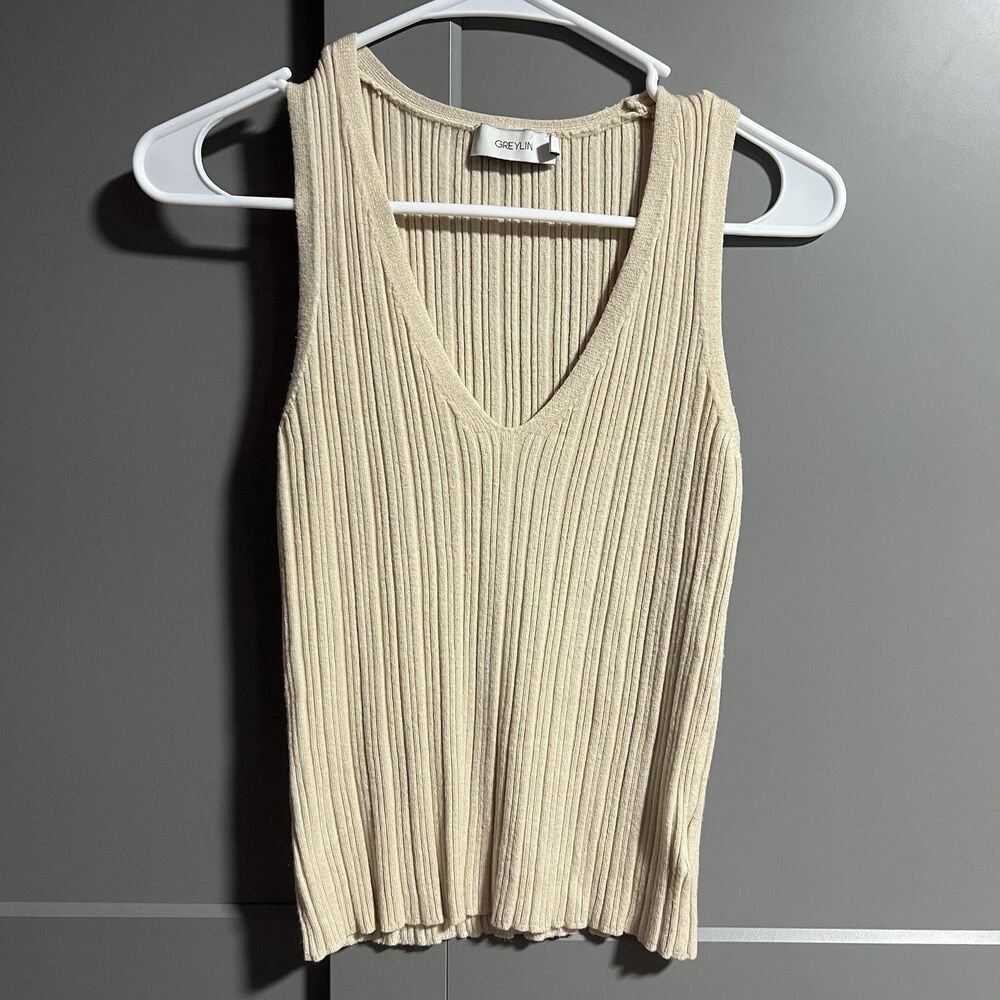 Greylin Women Rosy Ribbed Knit Stretchy Sleeveless V-Neck Tank Top Cream Medium